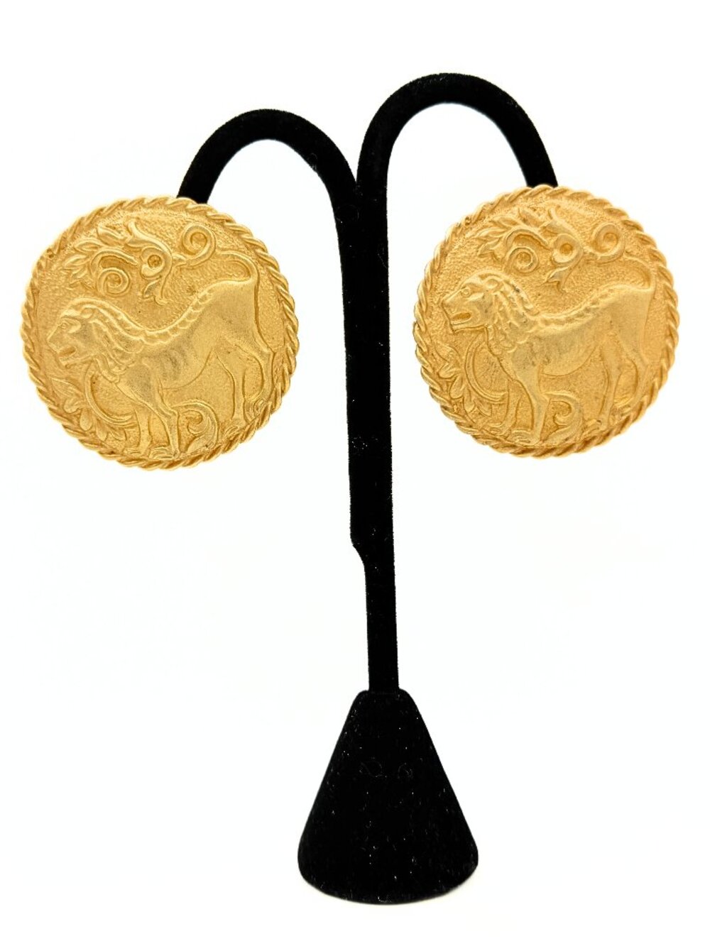 Etruscan Revival Round Gold Plate Embossed Lion Rampant Clip Earrings